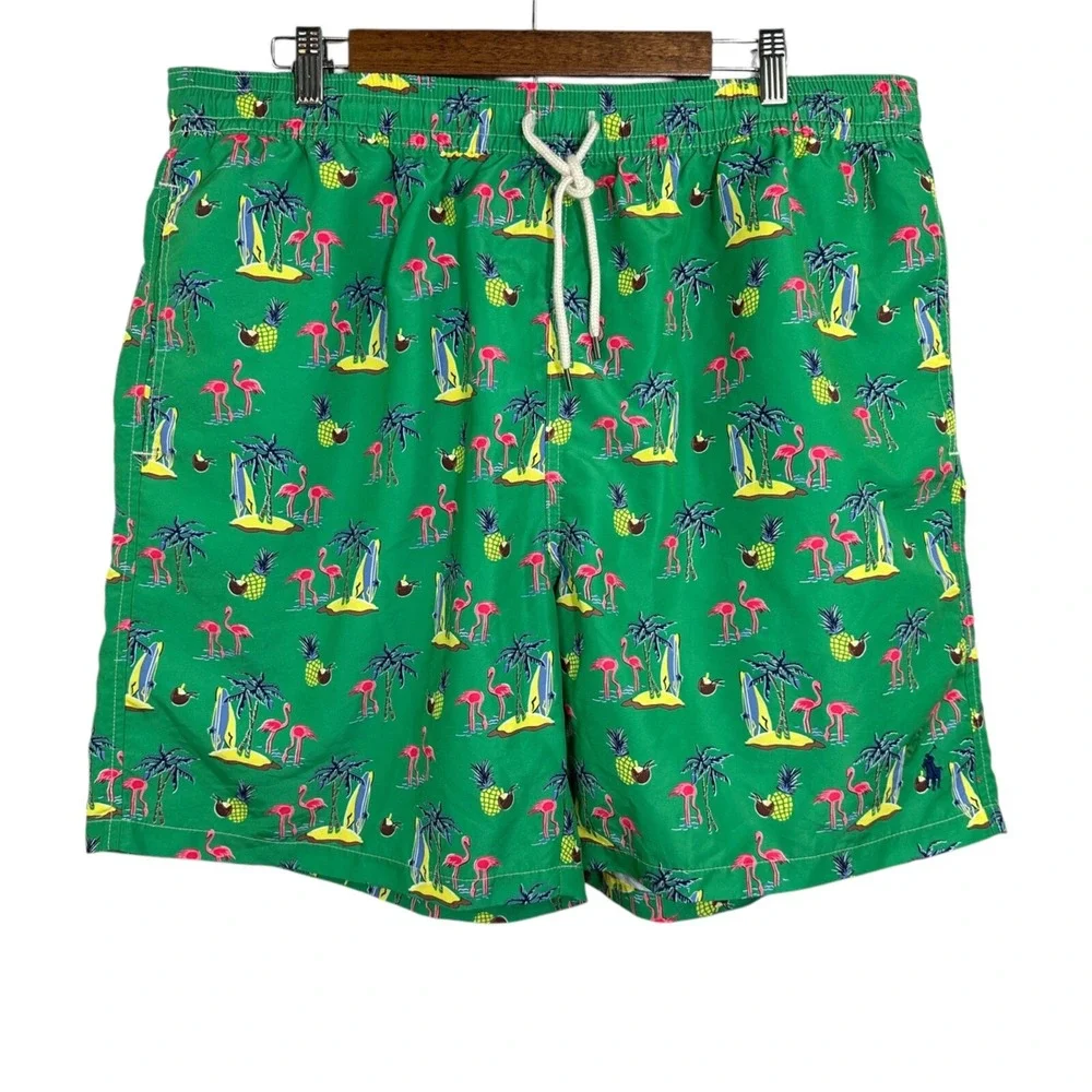 POLO RALPH LAUREN Green Traveler Lined Swim Trunks Pockets Flamingo Surf Size LT
